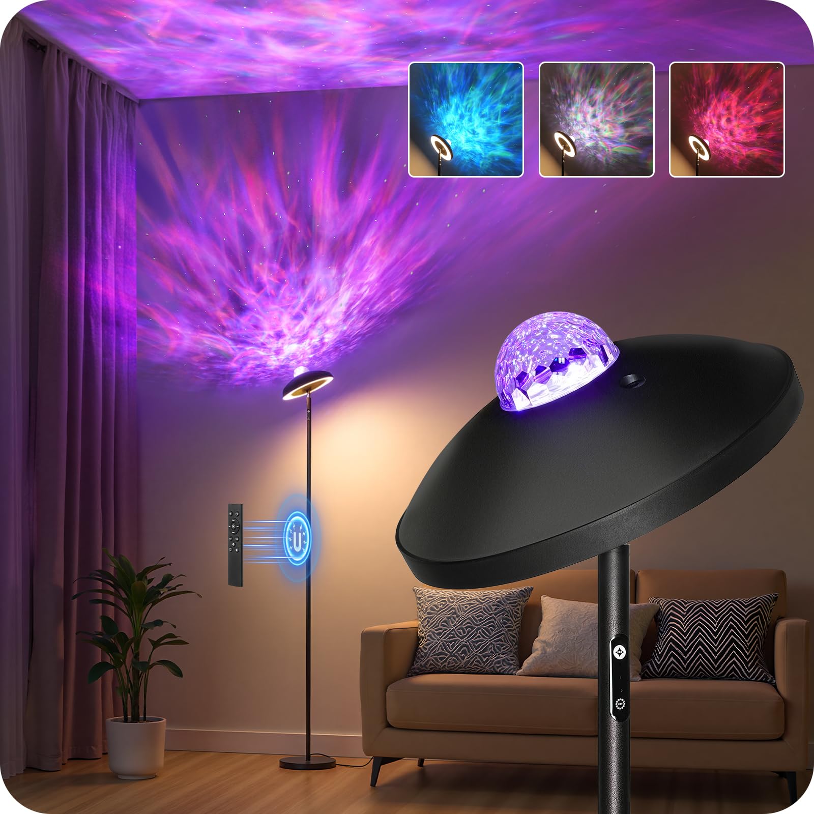 GOEBLESON LED Floor Lamp with RGB Galaxy Projector, 18W Double Sided Corner Light Rotatable, Dimmable Standing Lamp with Remote, Black Modern Lamp for Living Room, Bedroom, Kids Room, Gaming ZB14LDK05