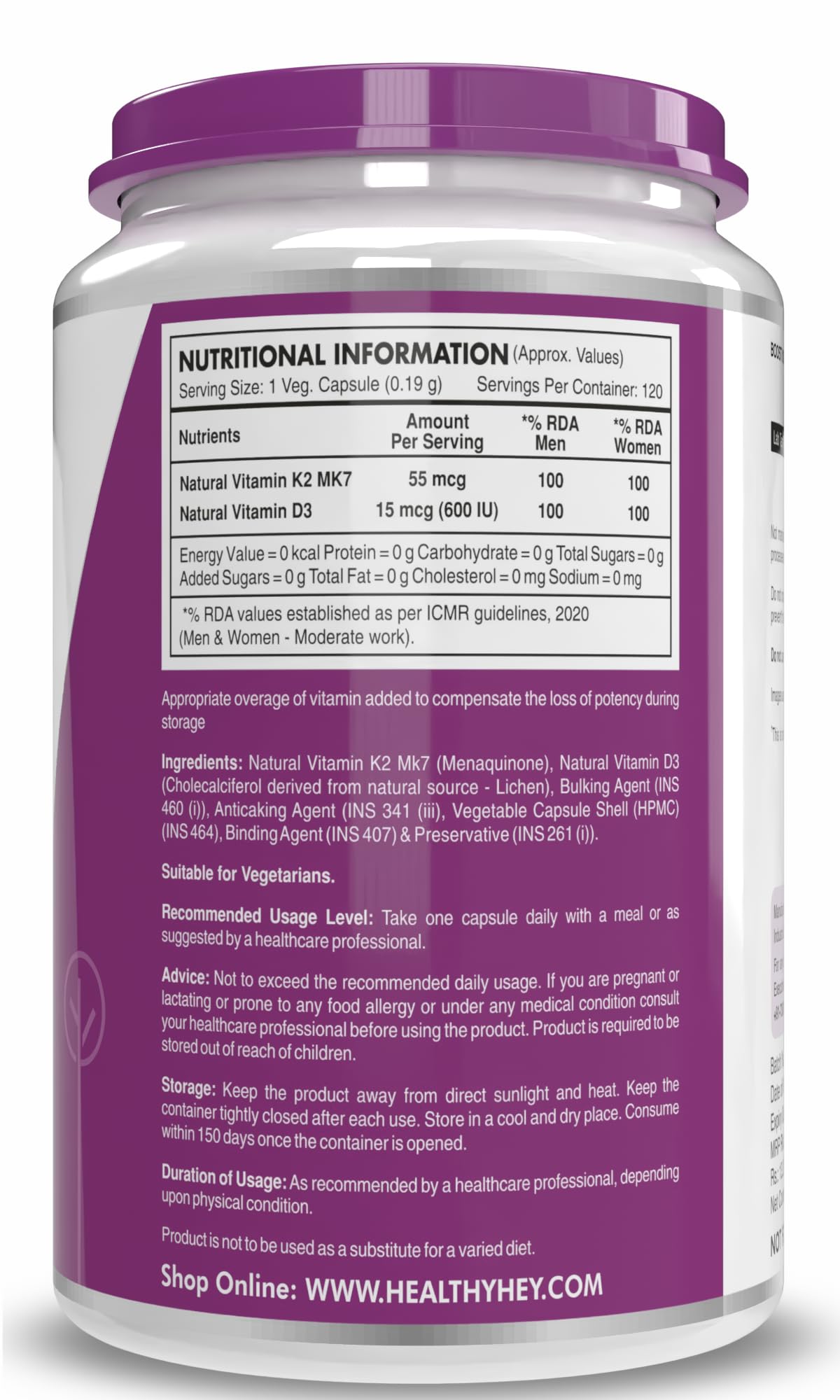 HealthyHey Natural Vitamin D3 + K2 MK-7 | 100% Vegetarian Vitamin D3 & K2 Benefits Bone Health - 120 Capsules — Amazon image 8