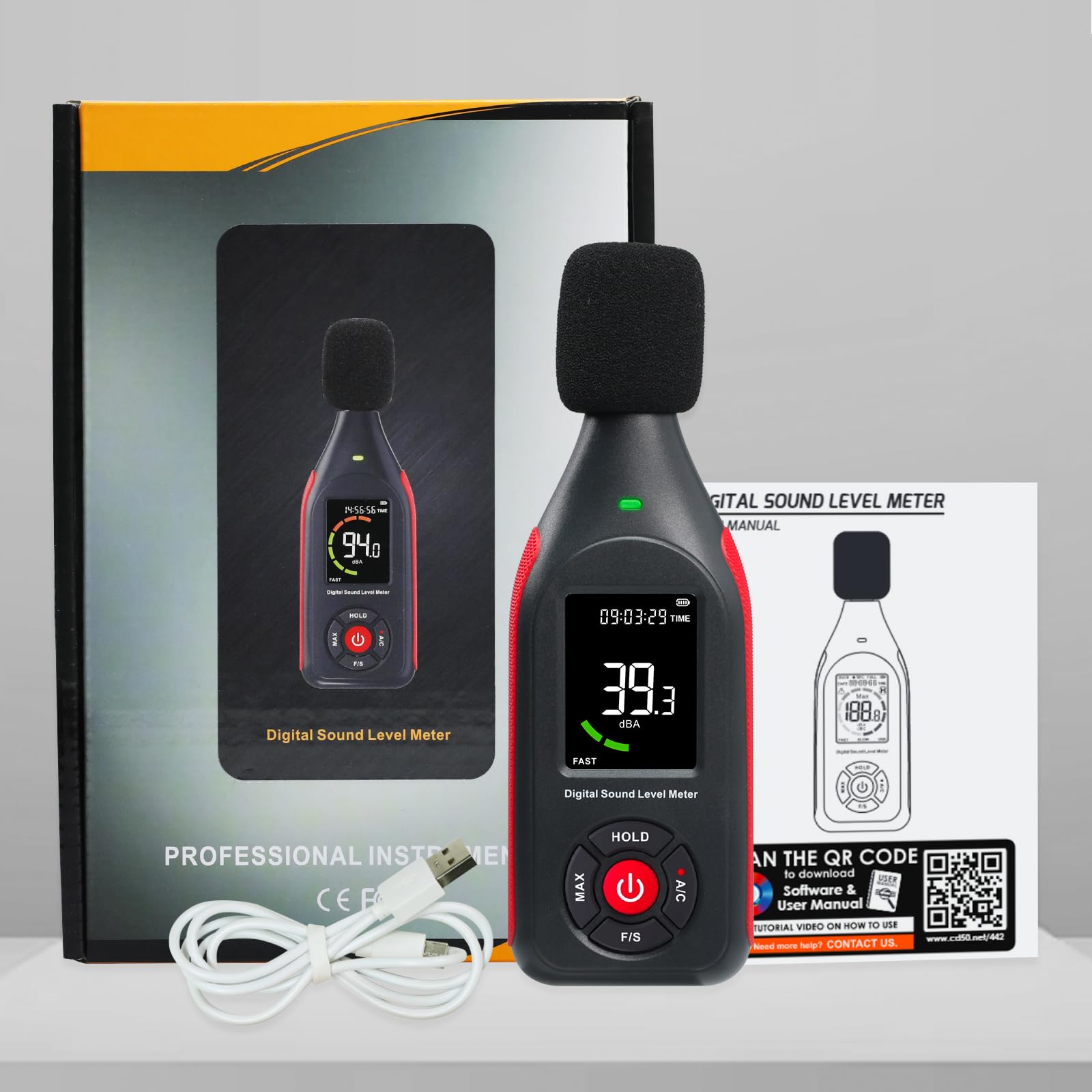 Misuratore di Decibel Misuratore di Livello Sonoro Rilevatore di Lettura da 30dB a 130dB MAX Data Hold, Misuratore di dB SPL con Allarme, Registrazione Dati e Funzione Ricaricabile