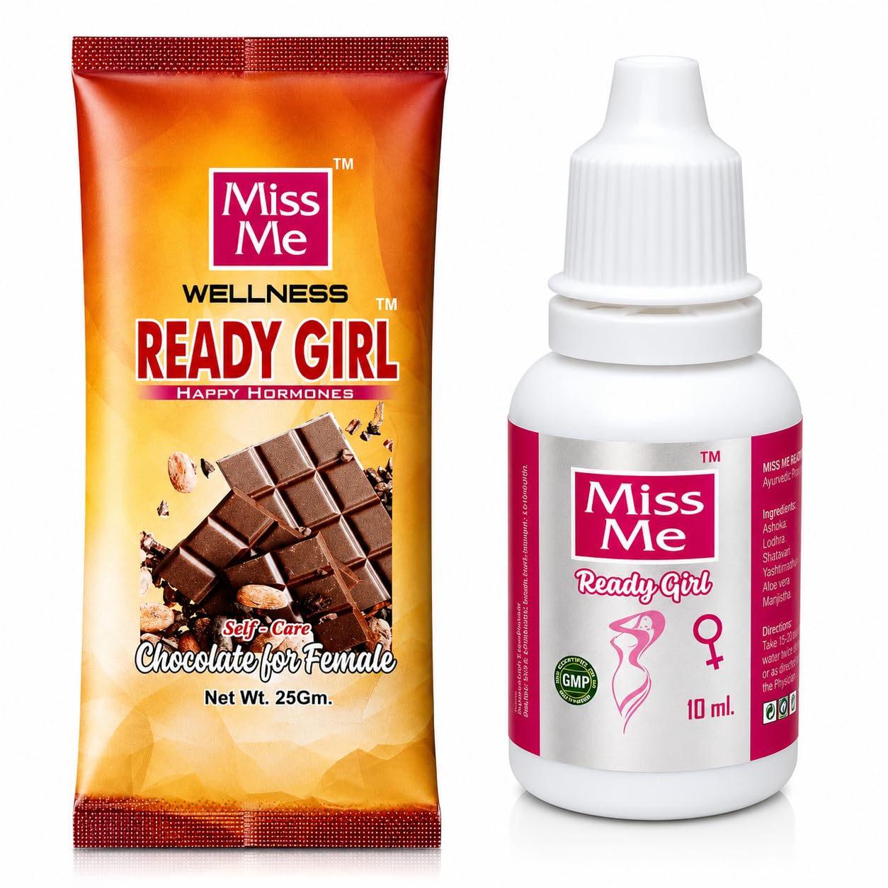 [BRSRGYYOBMIQYDQZ] Miss Me Women’s Wellness Combo – Ayurvedic Female Wellness Drops & Ready Girl Dark Chocolate 25g for Hormonal Balance, Energy, and Self-Care