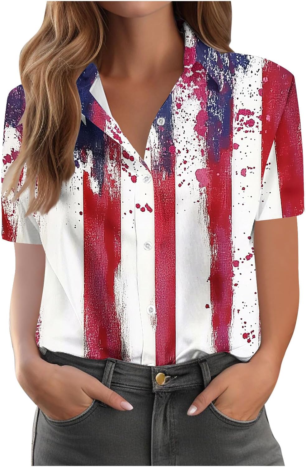 Women's American Flag Star Stripes Print Button Down Collared Shirts Short Sleeve 4th of July Patriotic Tops Blouses