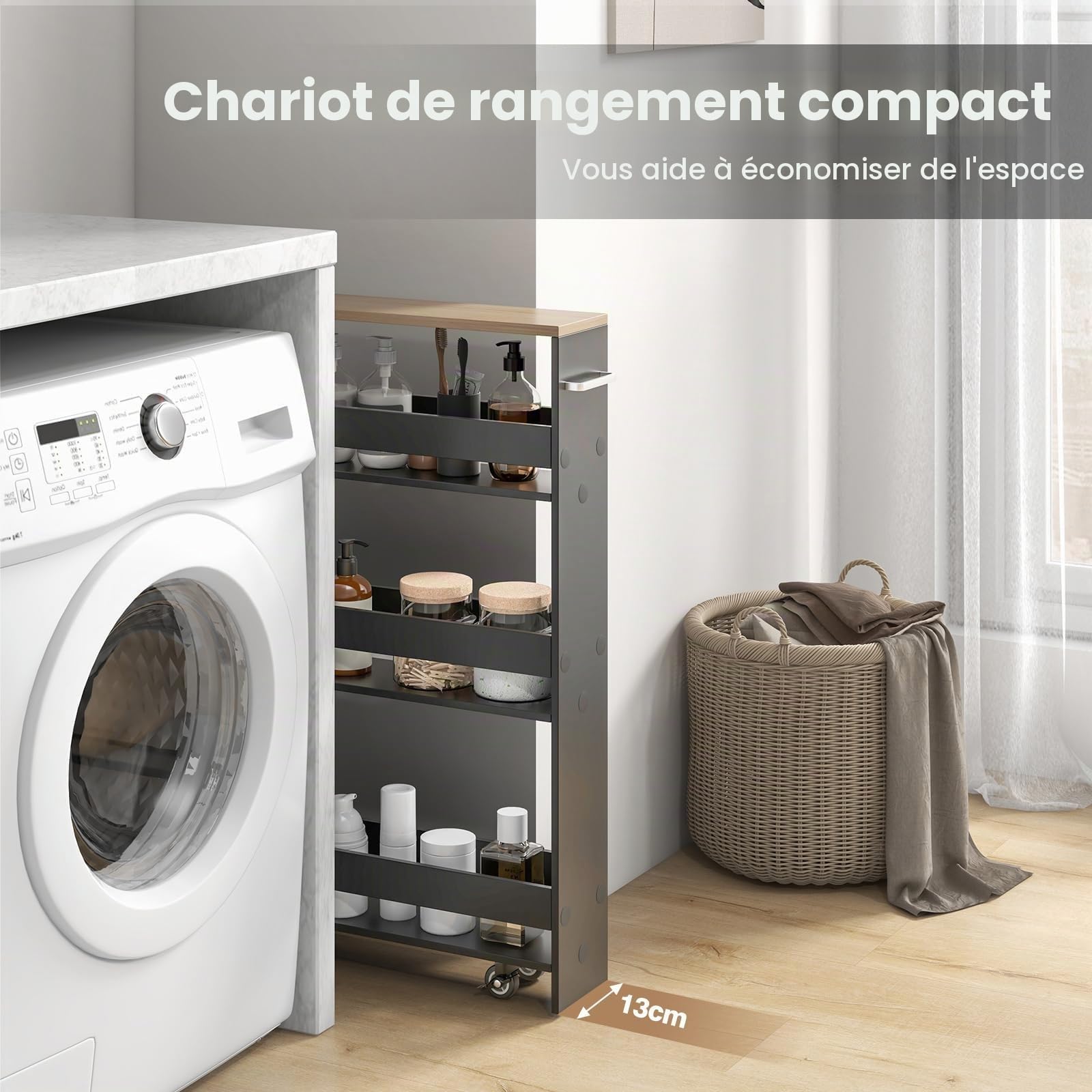 FANTASK Chariot de cuisine étroit sur roulettes, étagère de 13 cm de large, chariot de service à 4 étages, chariot de niche avec poignée et balustrade, étagère de salle de bain en bois pour cuisine et