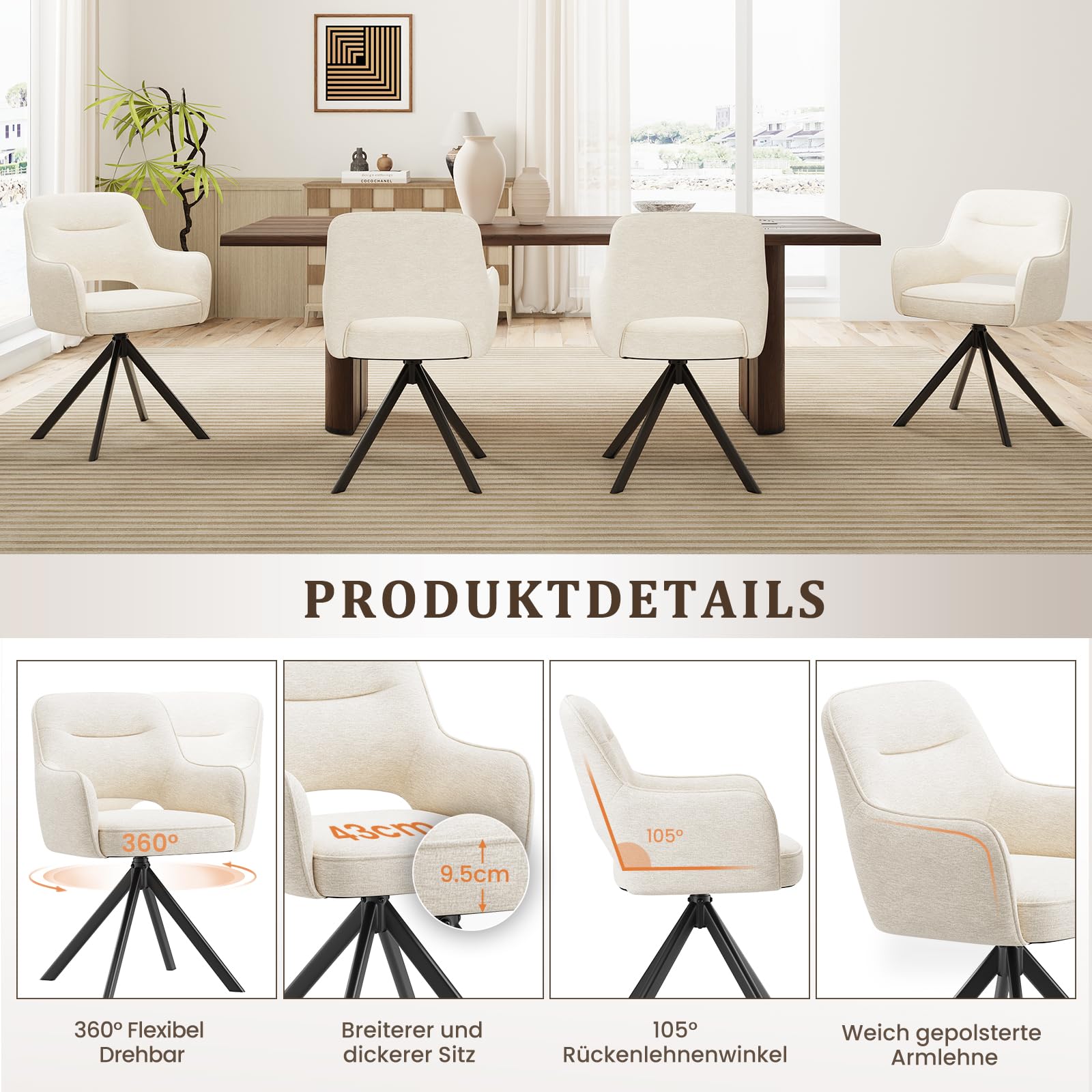 COLAMY Drehbare Esszimmerstühle 4er Set mit Armlehnen, Drehbare Polsterstühle für Küche & Esszimmer aus weichem Florstoff mit Metallgestell und Rückenlehne, für Esszimmer, Küche, Büro,Beige