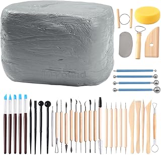ReArt 10lbs Natural Air-Dry Modeling Clay Gray + 40pc Pottery Sculpting Tools Set - Sculpt, Throw, Hand Build