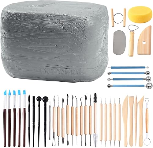 ReArt Arcilla de modelado natural de secado al aire 10 libras con 40 piezas de herramientas de escultura de cerámica, arcilla multiusos (gris)