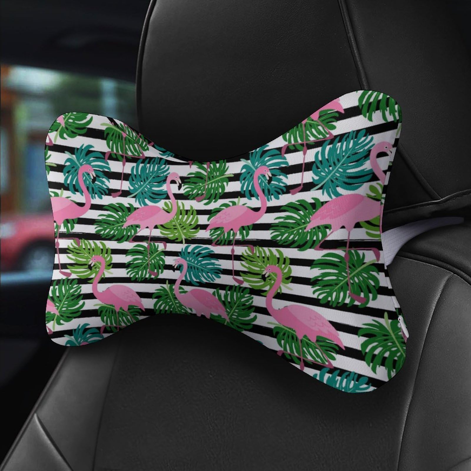 SMAZDFXX Pinks Flamingo Palm Leaves Black White Stripes Car Neck Pillow Set of 2 Car Seat Head Support Cushion Bone Pillows with Elastic Strap