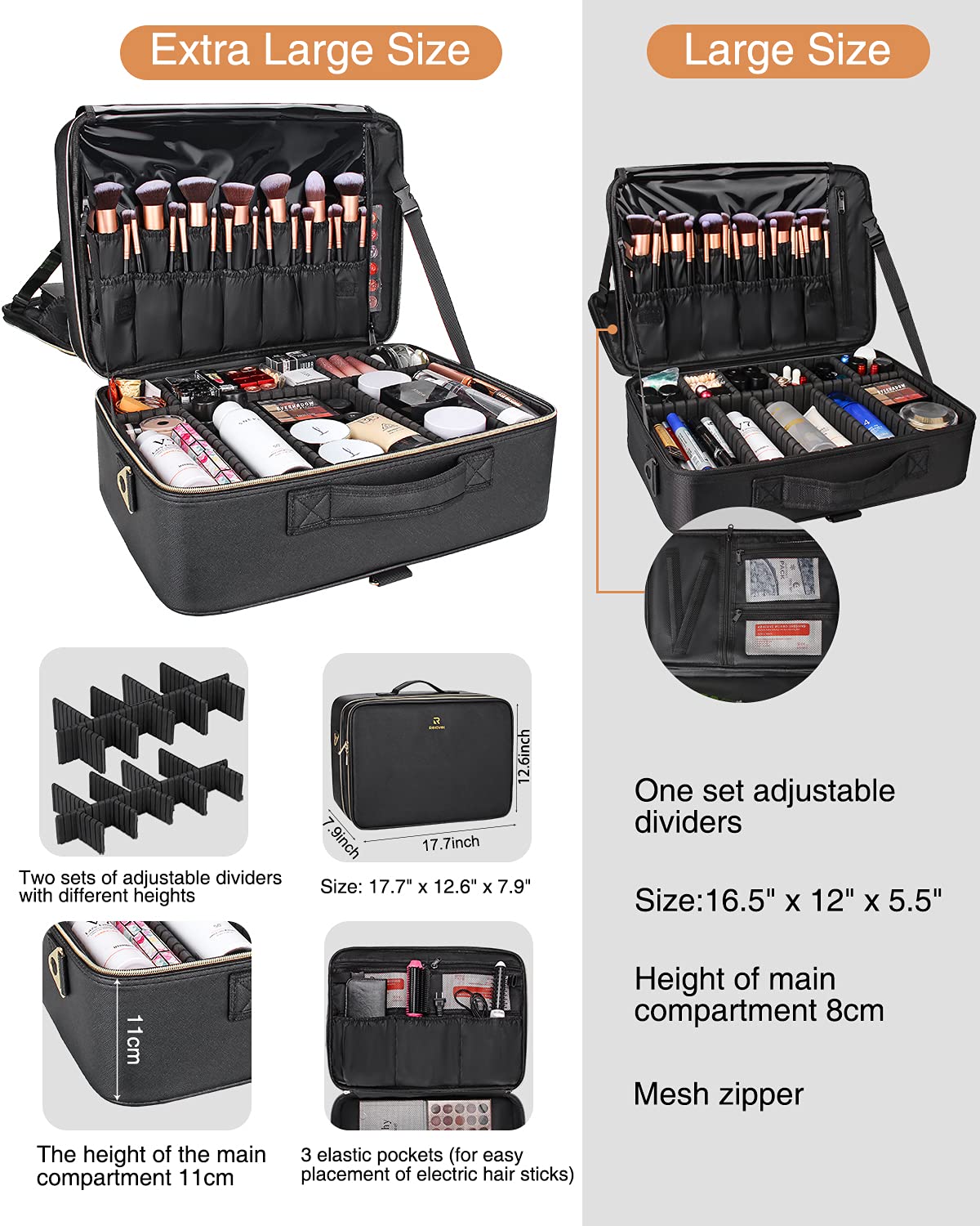 Relavel Extra Große Makeup Tasche Leder Reise Makeup Zug Tasche Professionelle Makeup Künstler-Tasche Tragbare Nagel-Organizer Box Kosmetikkoffer mit Verstellbaren Trennwänden Befestigung am Trolley