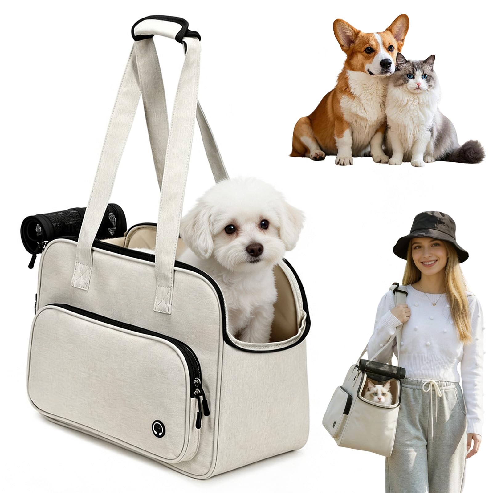 Sac de Transport Petit Chien Chat Tissu Oxford Léger Respirant avec Crochet Sac de Voyage Extérieur Beige