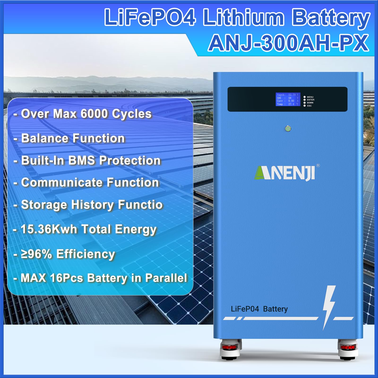 Batteria ricaricabile da 300 Ah, 48 V, LiFePO4, 15 KWh, 51,2 V, 12000 cicli, con BMS, accumulatore di energia da parete per impianto fotovoltaico RV