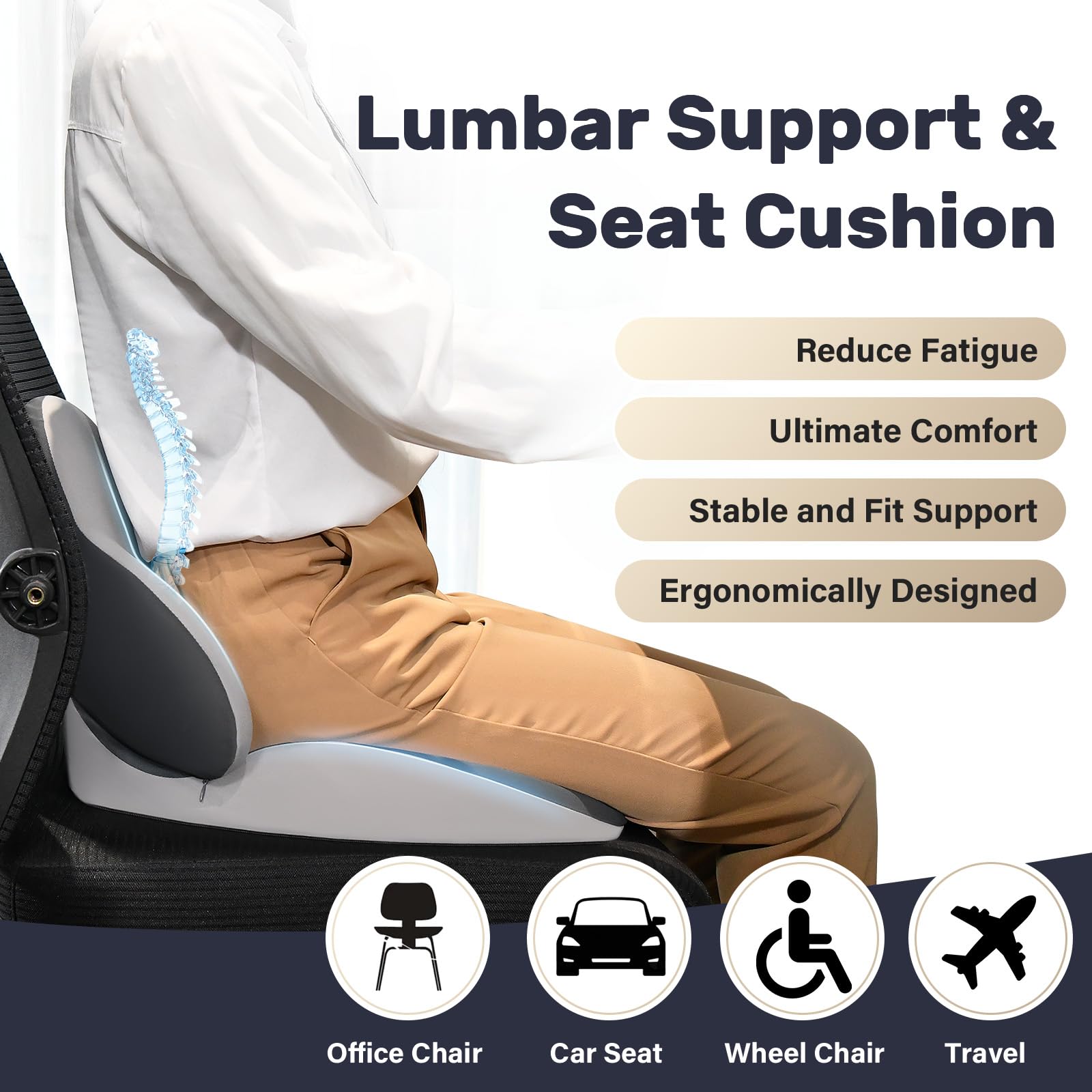 Coverado Cuscino sedile e Cuscino di supporto lombare per sedia da ufficio dell'automobile, Ergonomico Schiuma di memoria Sedia da scrivania Cuscino di sostegno posteriore