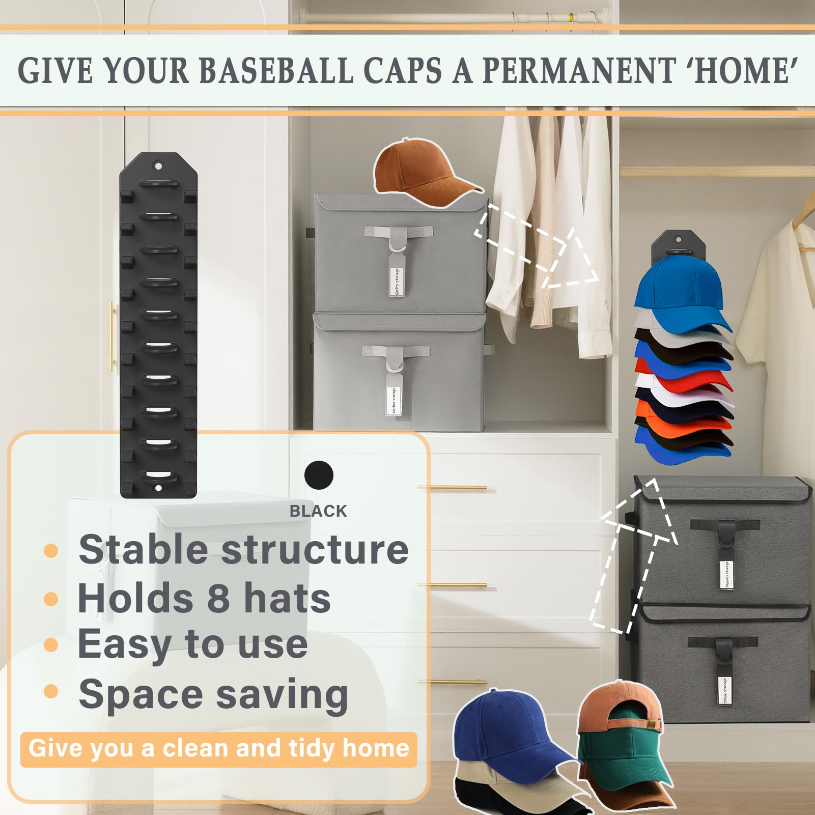 Condition photo showing New/Like New for Hat Organizer for Baseball Caps,Hat Rack for Wall, Compact Hat Storage Display Holder,Hold Up to 10 Hats,Hat Hanger Strong Adhesive/Wall Drilled for Door,Bedroom,Closet