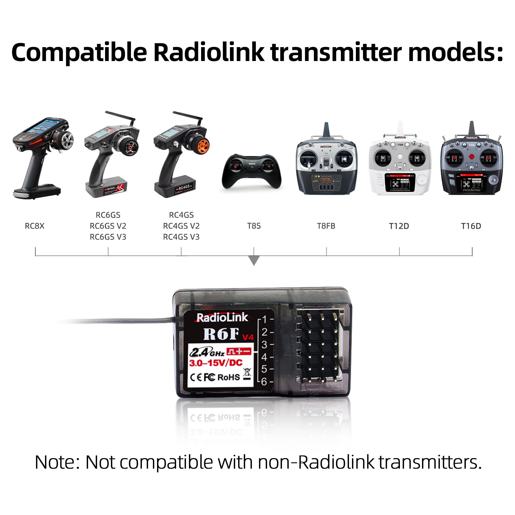 Radiolink Ricevitore R6F RC 2.4 GHz 6 canali, Ampia Portata Fino a 400 m, per Auto Barche Compatibile con RC6GS V3/RC4GS V3/T8FB/T8S/RC8X/T16D/T12D
