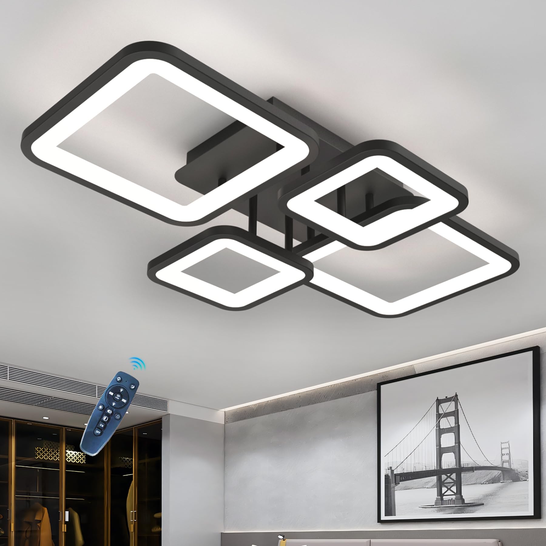 Square Ceiling Light Black Bedroom Chandelier Kids Bright LED Dimmable Ceiling Lamp With Remote Control Eye Care Night Light Memory White Living Room Ceiling Lantern With APP Smart Learning Lights — image 1