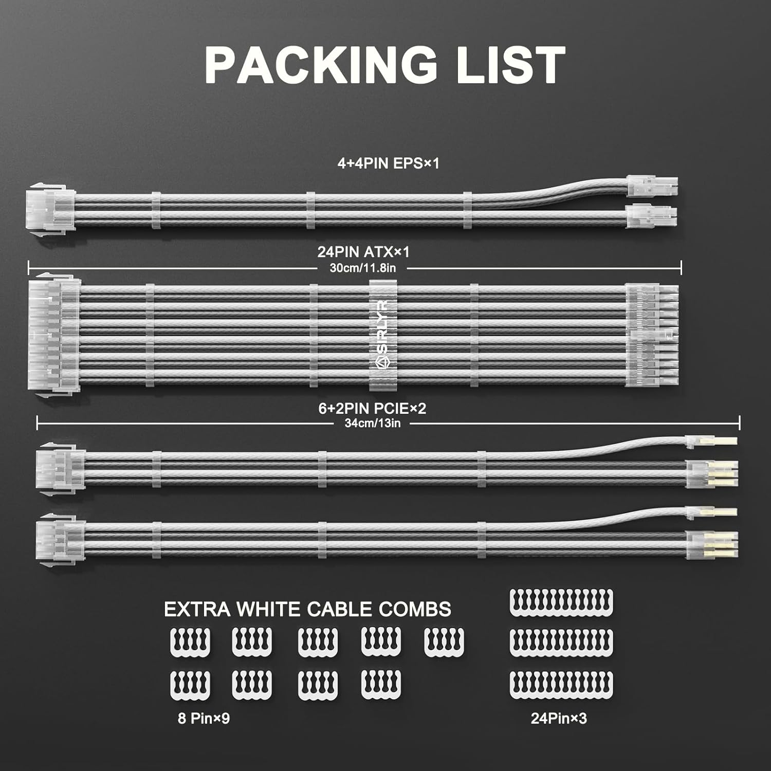 Sirlyr PSU Cable Extension,Customed Pre-Bend PC Power Supply Cable,1x 24 Pin ATX / 1x 8 (4+4) Pin EPS/Longer 2X 8 (6+2) Gold-Plated Pin Pcie,Nylon Sleeved Black White,4 Kits