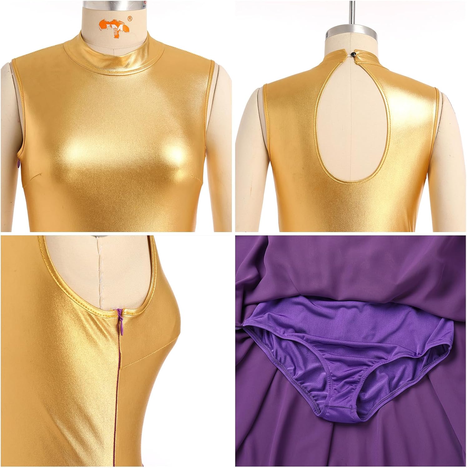 IBAKOM Praise Dance Dress for Women Gold Metallic Chiffon Asymmetric Skirt Lyrical Contemporary Dance Liturgical Overlays