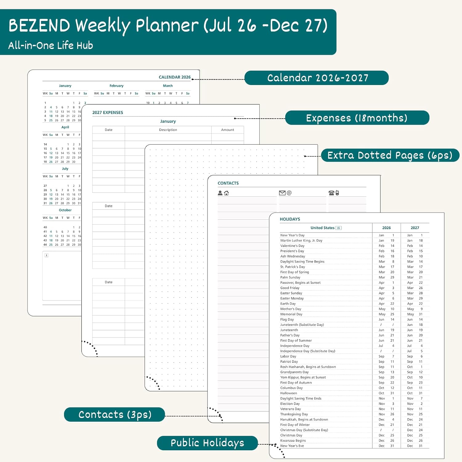 BEZEND Weekly Planner 2026-2027 (8.5" x 11") Horizontal Layout Notebook (Jul 26-Dec 27) 18 Months Academic Calendar & Monthly Tabs, Ideal for Students, Work & Home, PU Leather Hardcover -Black