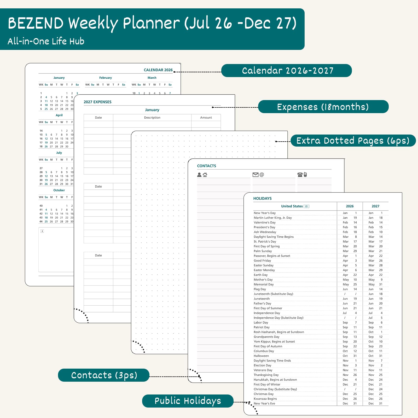 BEZEND Agenda settimanale 2026-2027 (21,6 x 27,9 cm), layout orizzontale (26 luglio-27 dicembre), calendario accademico 18 mesi e schede mensili, ideale per studenti, lavoro e casa, copertina rigida