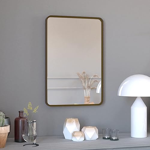 Merrick Lane Halstead Espejo rectangular de pared, marco de metal de bronce cepillado, 20 x 30 pulgadas, baño, tocador, entrada, comedor y sala de
