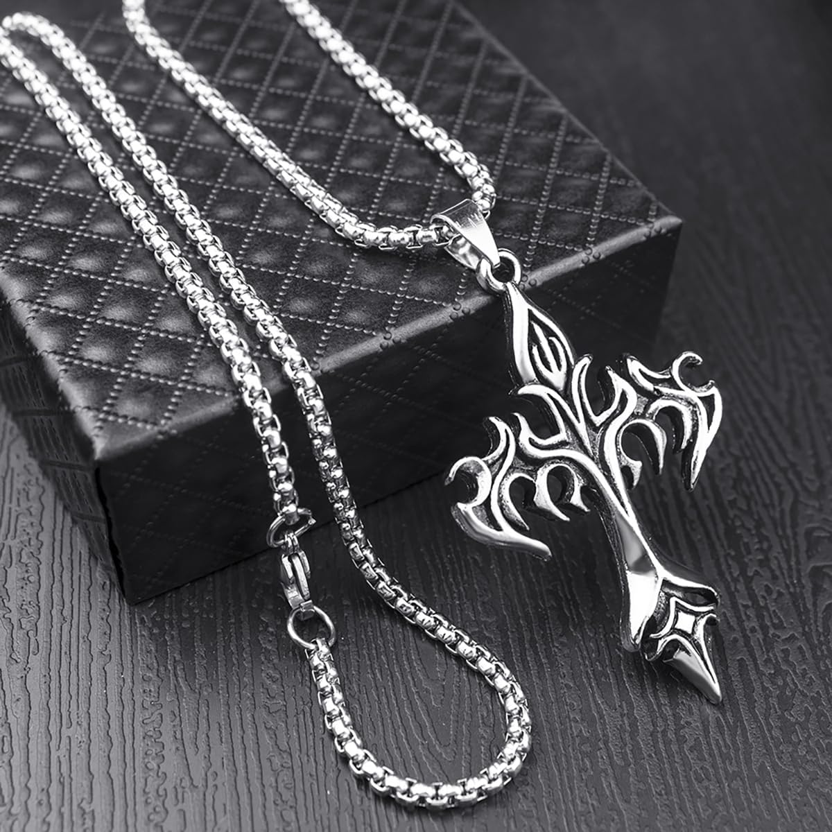 Vintage Gothic Sword Necklace Punk Style Stainless Steel Cross Sword Pendant Necklace Samurai Sword Necklace Gothic Flame Necklace Dagger Necklace Goth Necklace Cool Necklace Christmas Birthday Party Halloween Costume Jewelry for Women and Men - Image 2