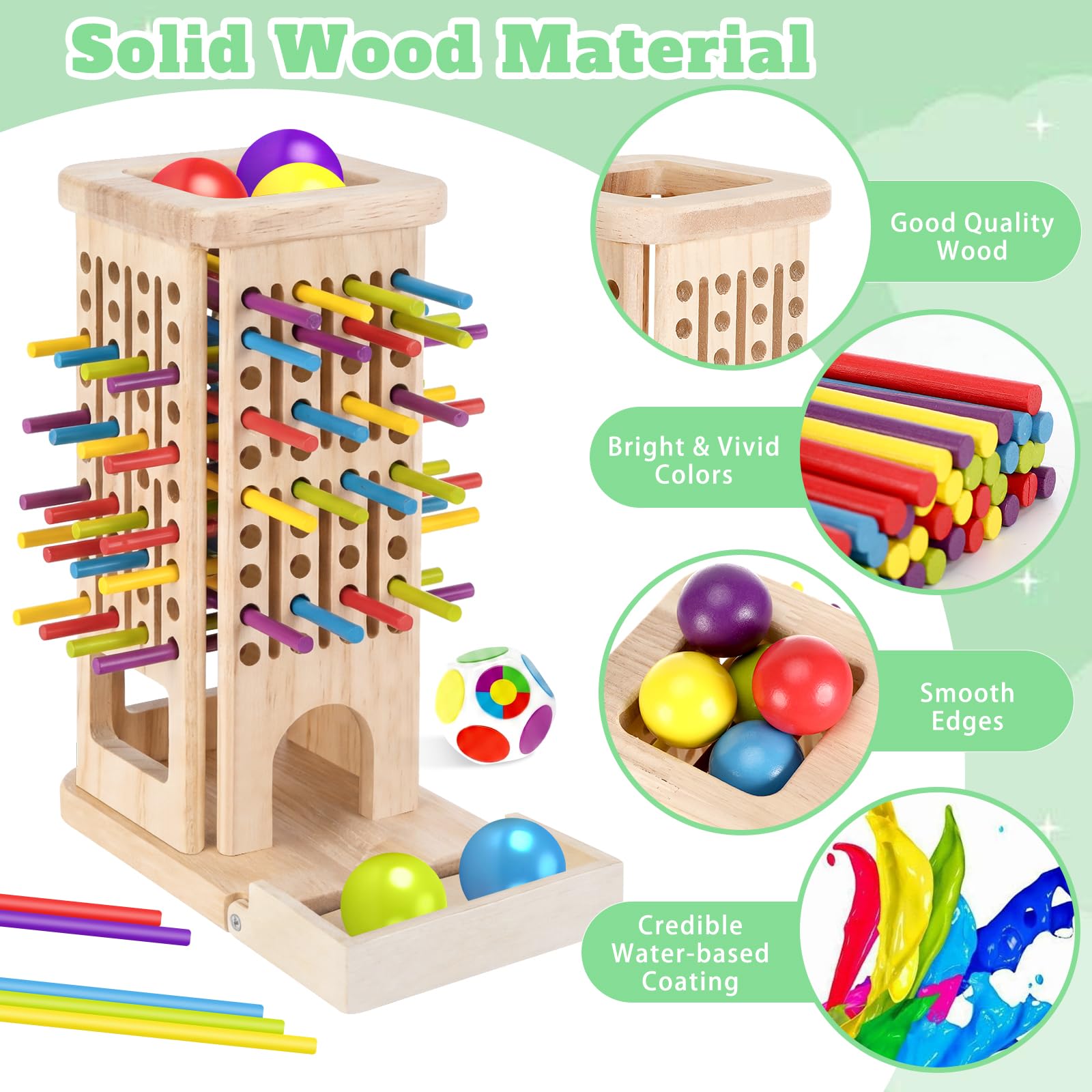 Giochi Montessori per Bambini 3-6 Anni, Gioco da Tavolo in Legno con 40 Bastoncini Colorati, Dado & Box di Legno, Fine Motor Game, Regalo Bambina Bambino 3-9 Anni
