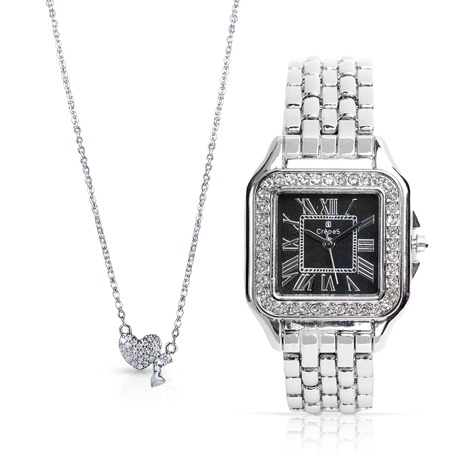CrepeS Stylish Cartella Analog Watch Silver-Black & Little Heart Pendant in Silver Combo for Women (B0D3L61SCT) Amazon Price History, Amazon Price Tracker