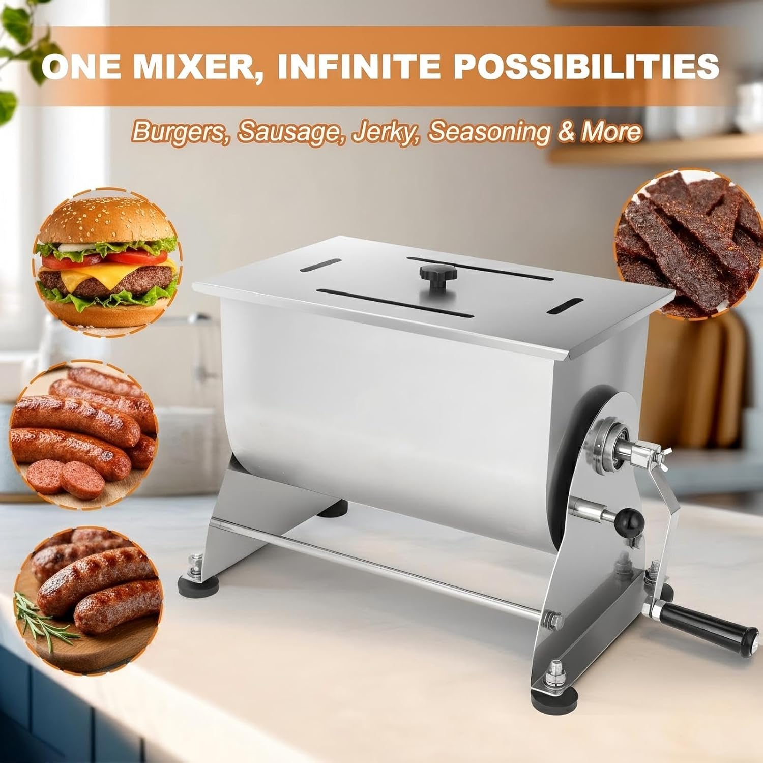 20 lb Manual Tilting Meat Mixer, 3.5 Gallon Stainless Steel Sausage Mixer for Burger, Jerky & Seasoning, Heavy Duty with Removable Paddle & Non-Slip Base, Compact Countertop Design