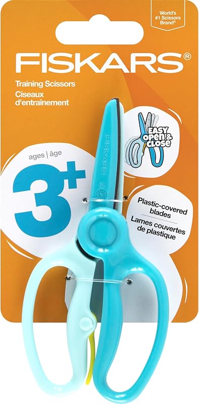 Training Scissors for Preschoolers Ages 3+, Small Kids Safety Scissors with Training Lever, Easy to Use, Preschooler Art Supplies, Back To School, Turquoise