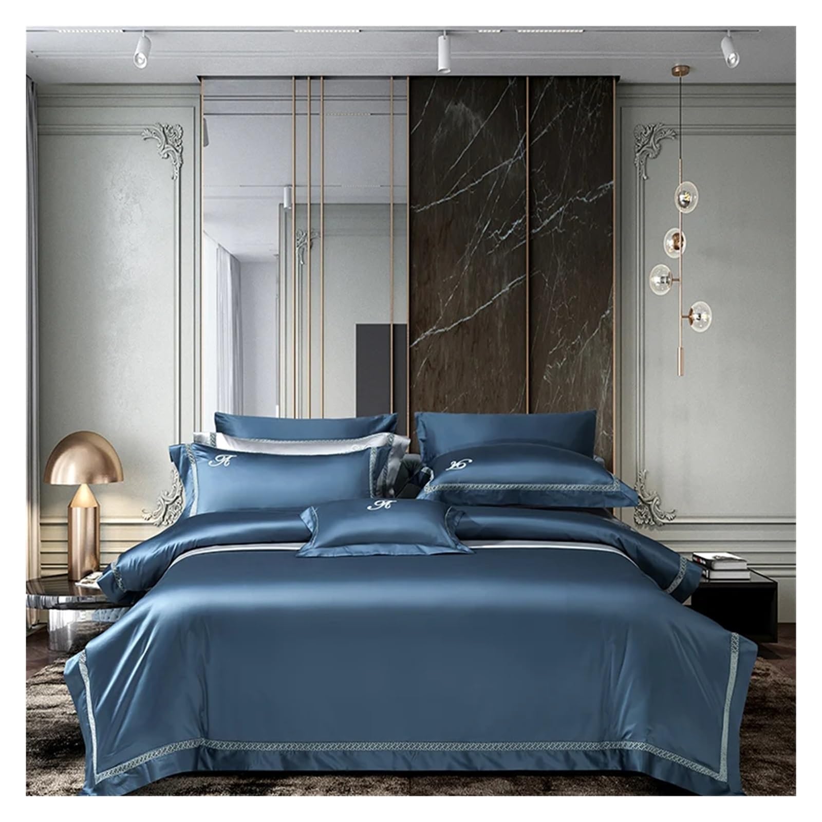 Sbcgfy Blue Bed Four Pieces Set, 1400Tc Egyptian Cotton 4Pieces Queen King Size Bedding Set Embroidery Bedlinen Bedsheet Set Duvet Cover Pillowcase,-Fitted Bed Sheet-King 4Pcs