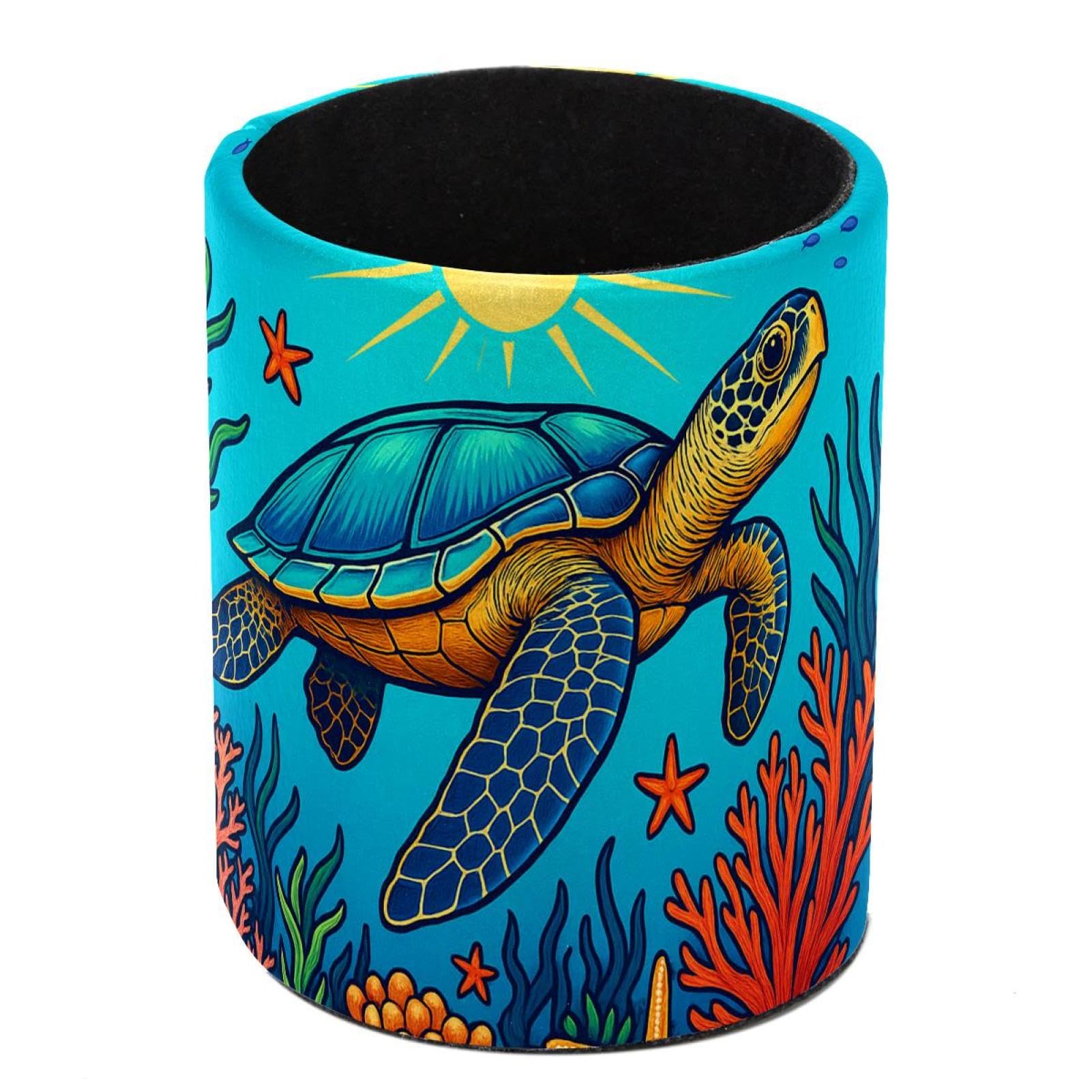 HEOEH Turtle Starfishes Pen Holder for Desk, PU Leather Pencil Holder Pen Cup Marker Holder Makeup Brush Holders, Desk Accessories & Workspace Organizers for Home, Office