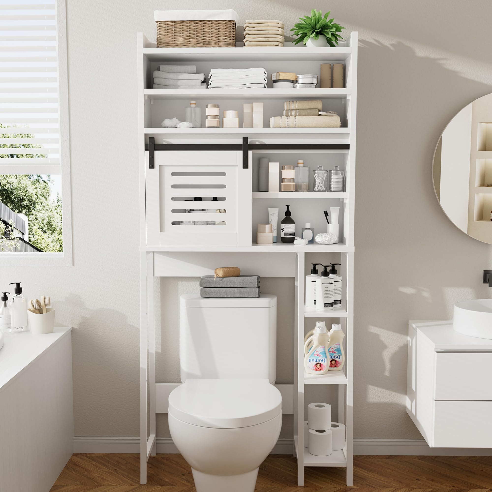 Meilocar Over The Toilet Storage Cabinet, Bathroom Storage Cabinet Over Toilet with Sliding Doors, Freestanding Bathroom Cabinets Space Saver W/