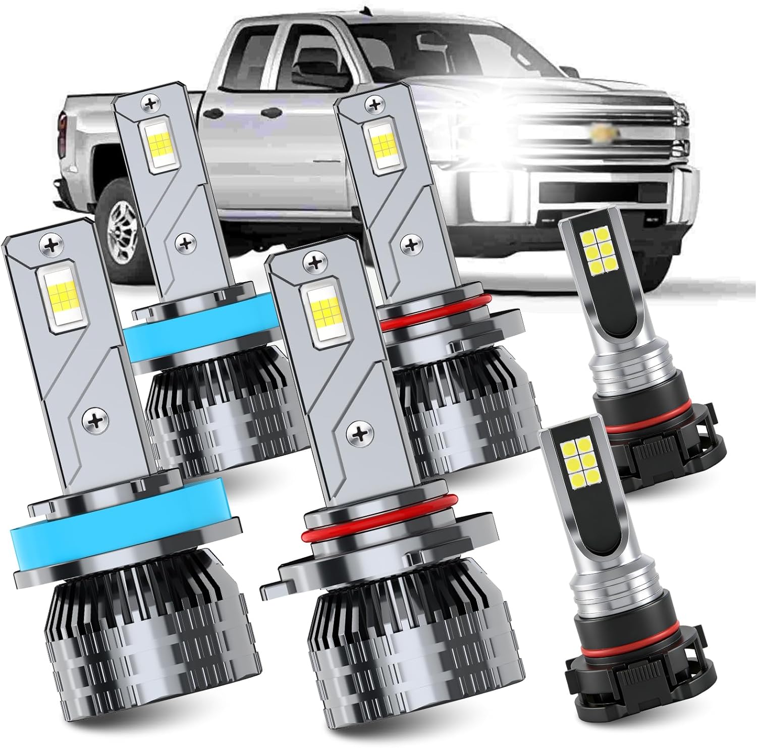 Fits for 2007-2015 Chevy Silverado 1500 2500 3500HD High Low Beam Fog Lights Bulbs Combo, 60000LM +800% Super Brightness 6500K White Plug-and-Play Super Bright Lights Bulbs, Pack of 6