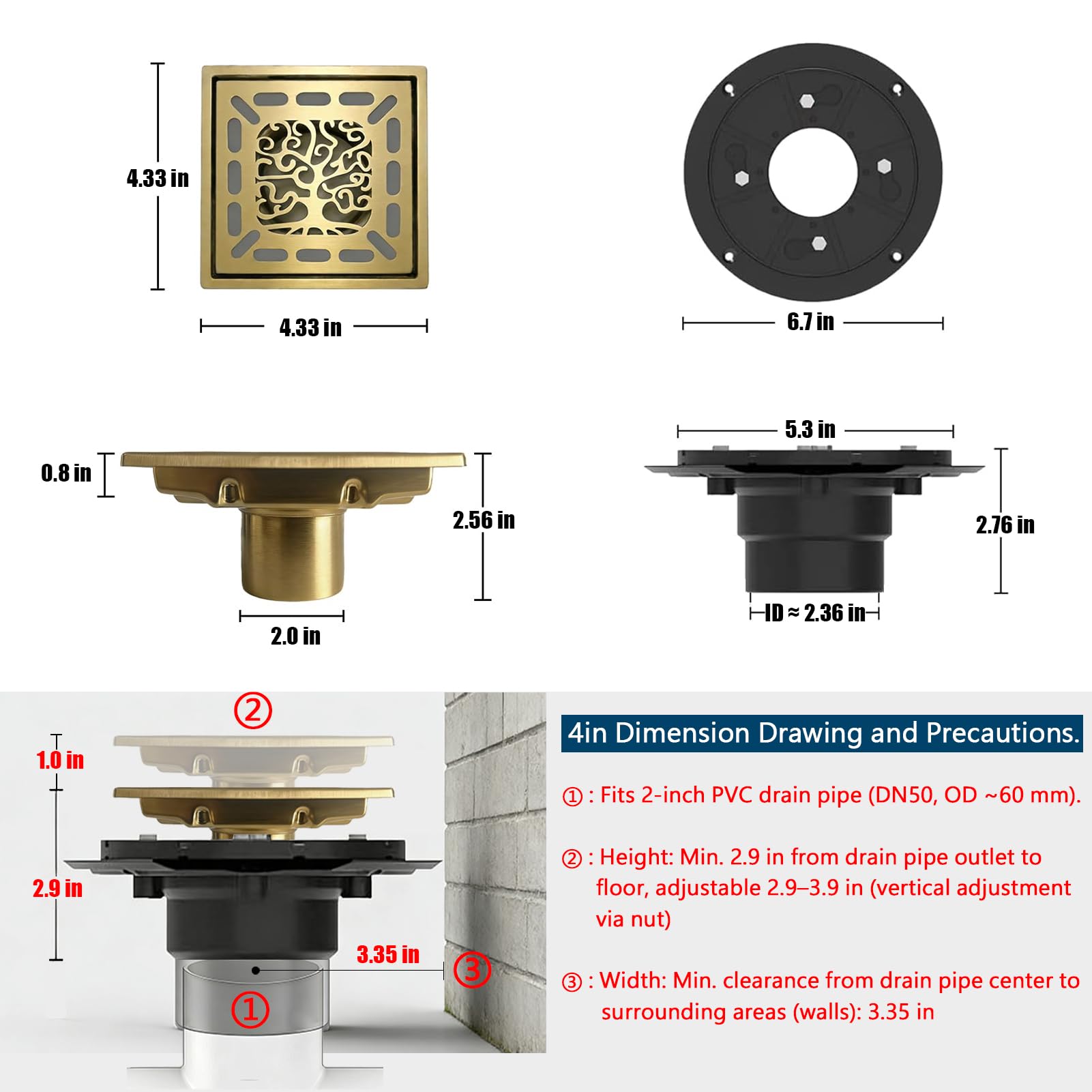 4 Inch Shower Drain, Square Shower Floor Drain Kit with Flange and Removable Cover Grate, AISI 304 Stainless Steel, Brushed Gold — view 4
