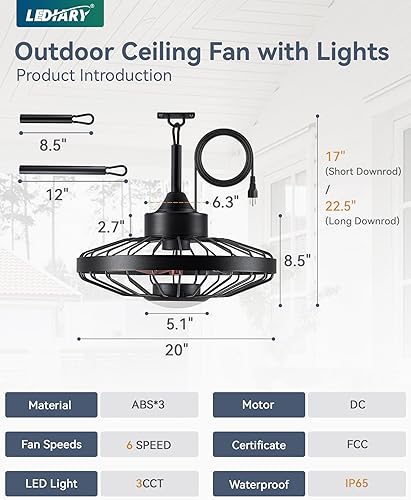 Miniatura 6 de LEDIARY Ventiladores de techo para exteriores de 20 pulgadas con luz para patios y cenador con control remoto, iluminación enjaulada para toldo de