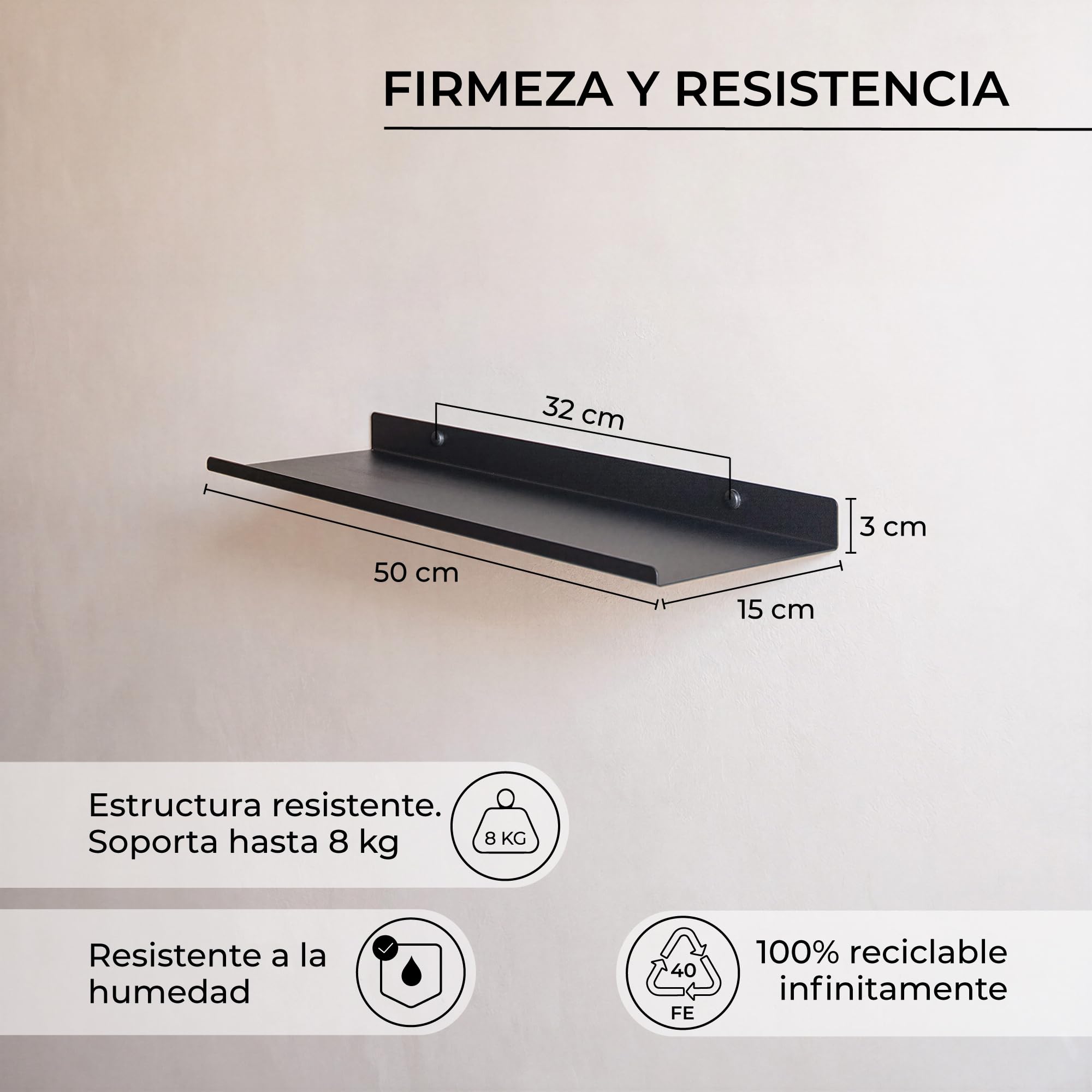 MILUKA Estanteria Pared con 2 Baldas Flotantes 50 x 15 cm, Metal Negro Mate | Repisas de pared para libros, organizar y decorar salon, Lejas para habitación, Estanteria para cocina, baño, y oficina