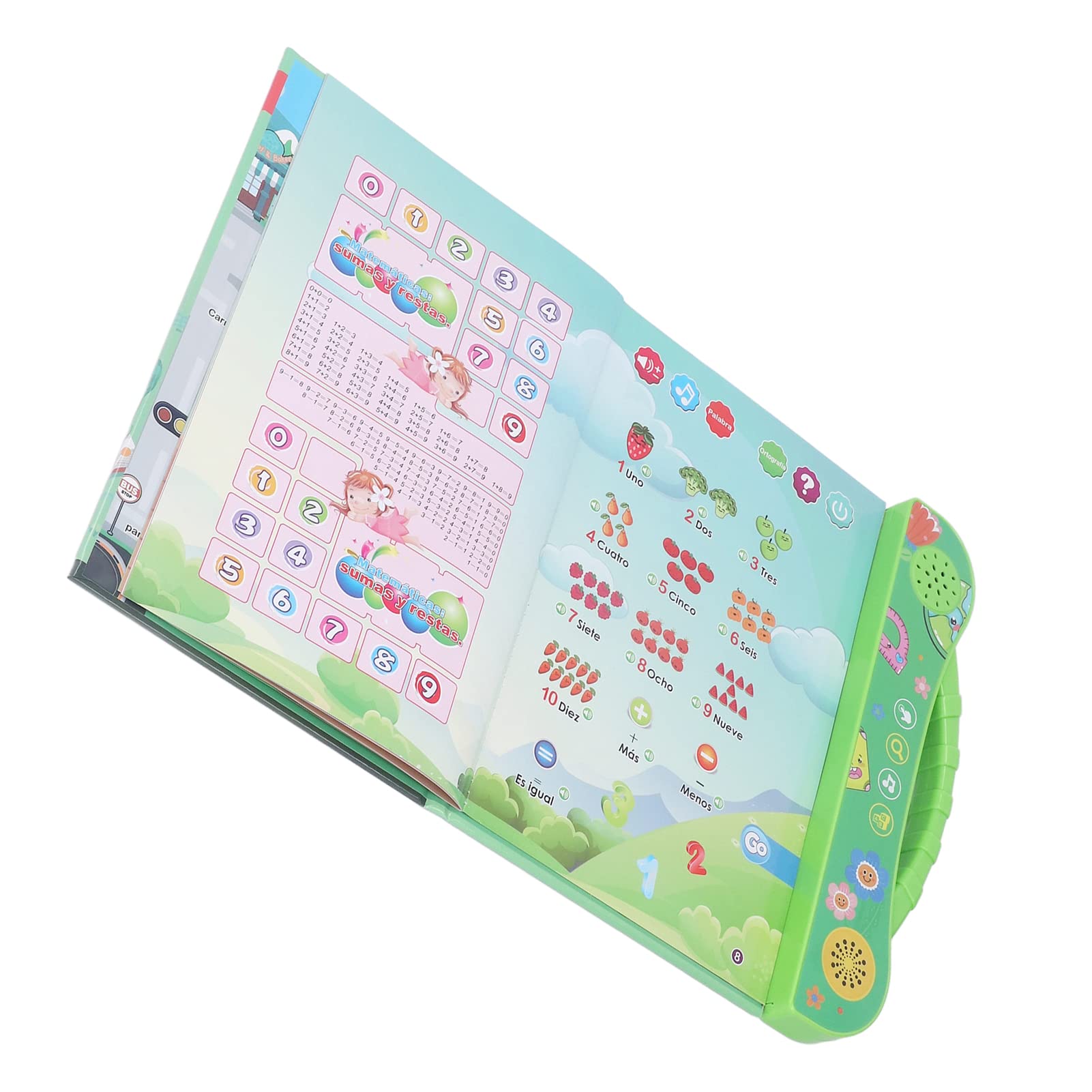 SIXRUN Libro Sonoro Educativo Interattivo Parlante Spagnolo per Bambini con Giochi e Storie, Impara lo Spagnolo per Bambini Verde, Plastica 10,0x9,1 Pollici