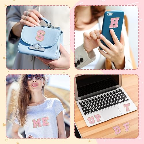 Miniatura 6 de Morcheiong 52 parches de letras de felpilla autoadhesivas de la A a la Z, letras de felpilla para ropa, tela, zapatos y bolsas (rosa claro)