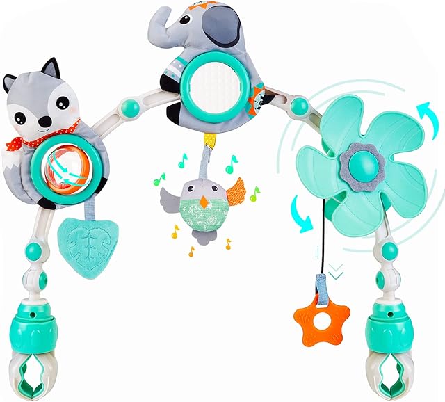 Baby Pram Play Arch Toy - Clip on Cot Activity Bar for Babies with Teether/Rattle, Crib Mobile Arch Musical Sensory Stroller Travel Toys for Newborn Toddler Boys Girls 0 3 6 9 12 Month