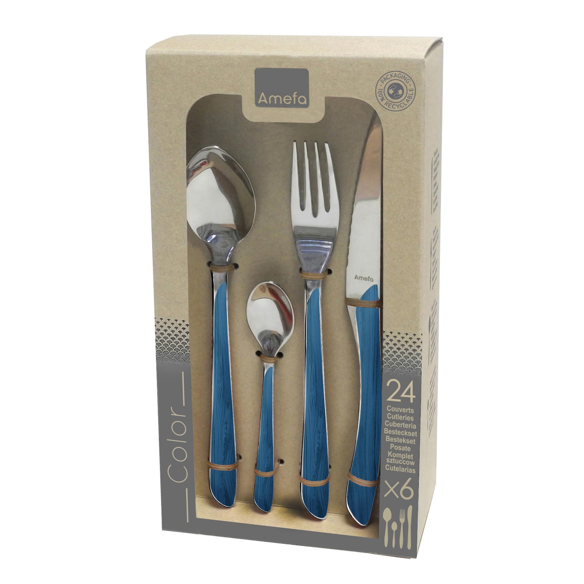AMEFA - Servizio di posate da 24 posti per 6 persone - Eclat Nature - Acciaio 18/0 - Finitura Brillante - Blu navy