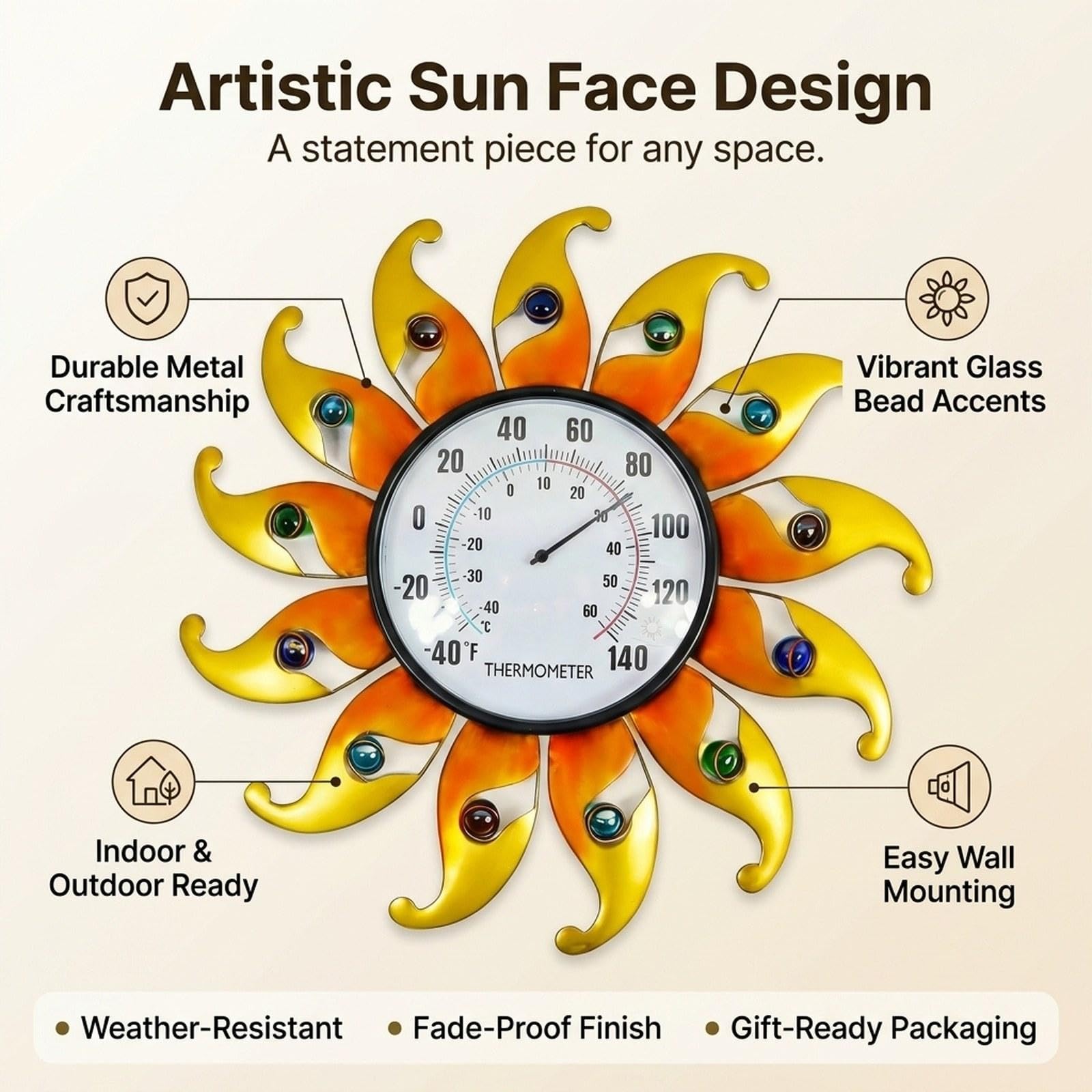 Exterior Retro, de Pared, Esfera Metálica con Forma de Girasol, Medidor de Clima para Interiores Y Exteriores, Resistente, Naranja Amarilla