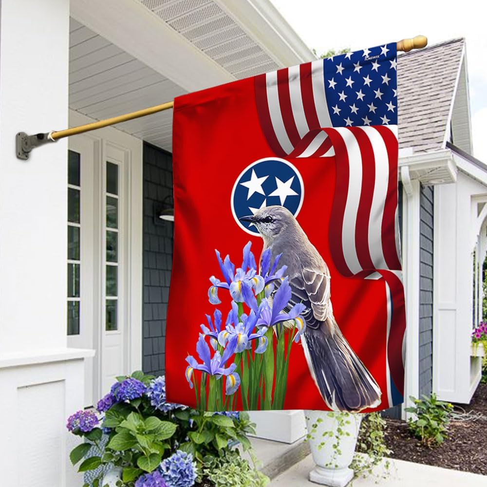 American Flag-Tennessee State Mockingbird and Iris Flower Flag MLN1141Fv20, House Flag (29.5" x 39.5")-USA Flags Premium Polyester-Decorative Indoor Outdoor Flag