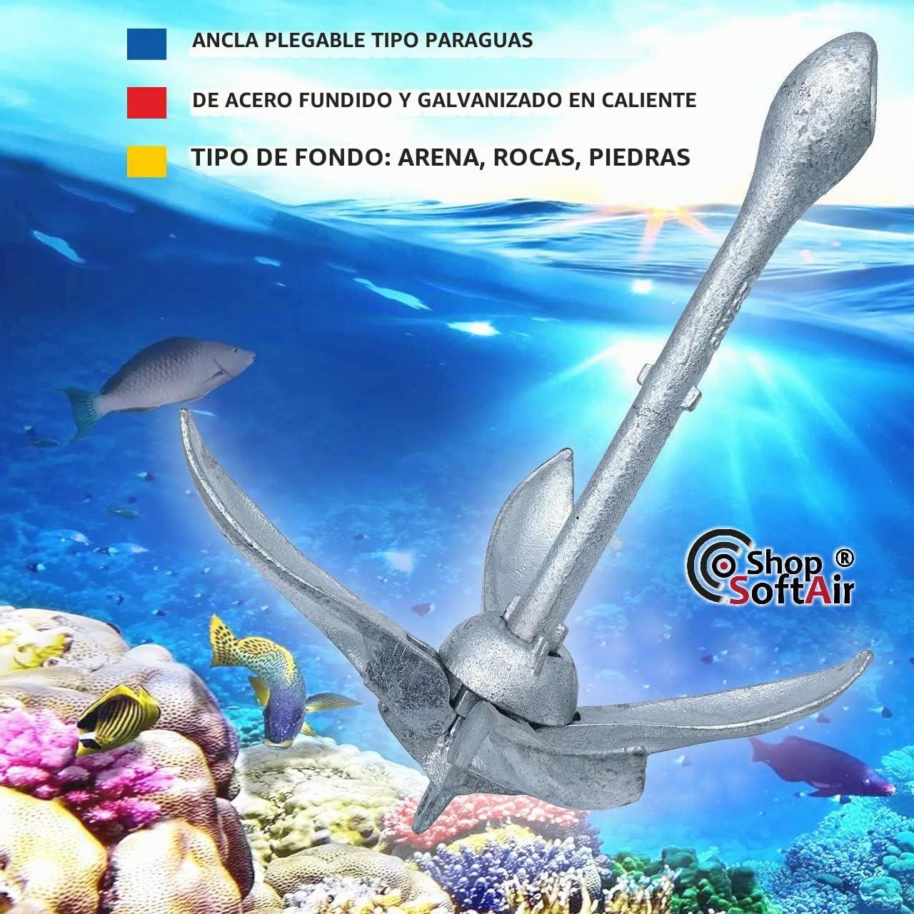Shop SoftAir® Kit Ancla Paraguas Plegable de Acero Galvanizado Cabo Flotante 30 Metros Levilene Naranja Amarre y Mosquetón de Acero Inoxidable AISI 316 (Ancla 2,5 kg + Cabo 6 mm + Mosquetón)