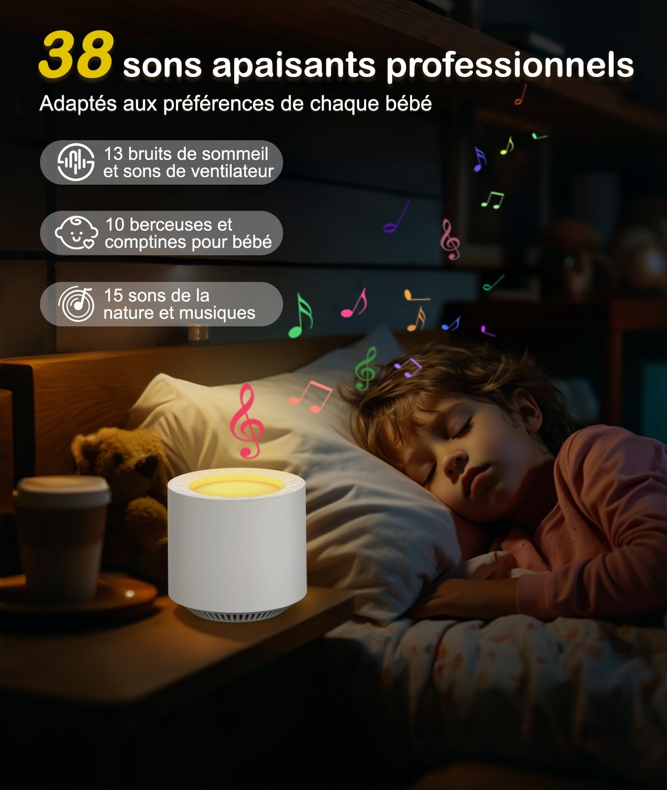 JBER Sleep Sound Machine à bruit blanc avec thérapie par lumière rouge, 38 sons apaisants avec fonction mémoire, veilleuse à intensité variable avec minuterie pour bébés et adultes