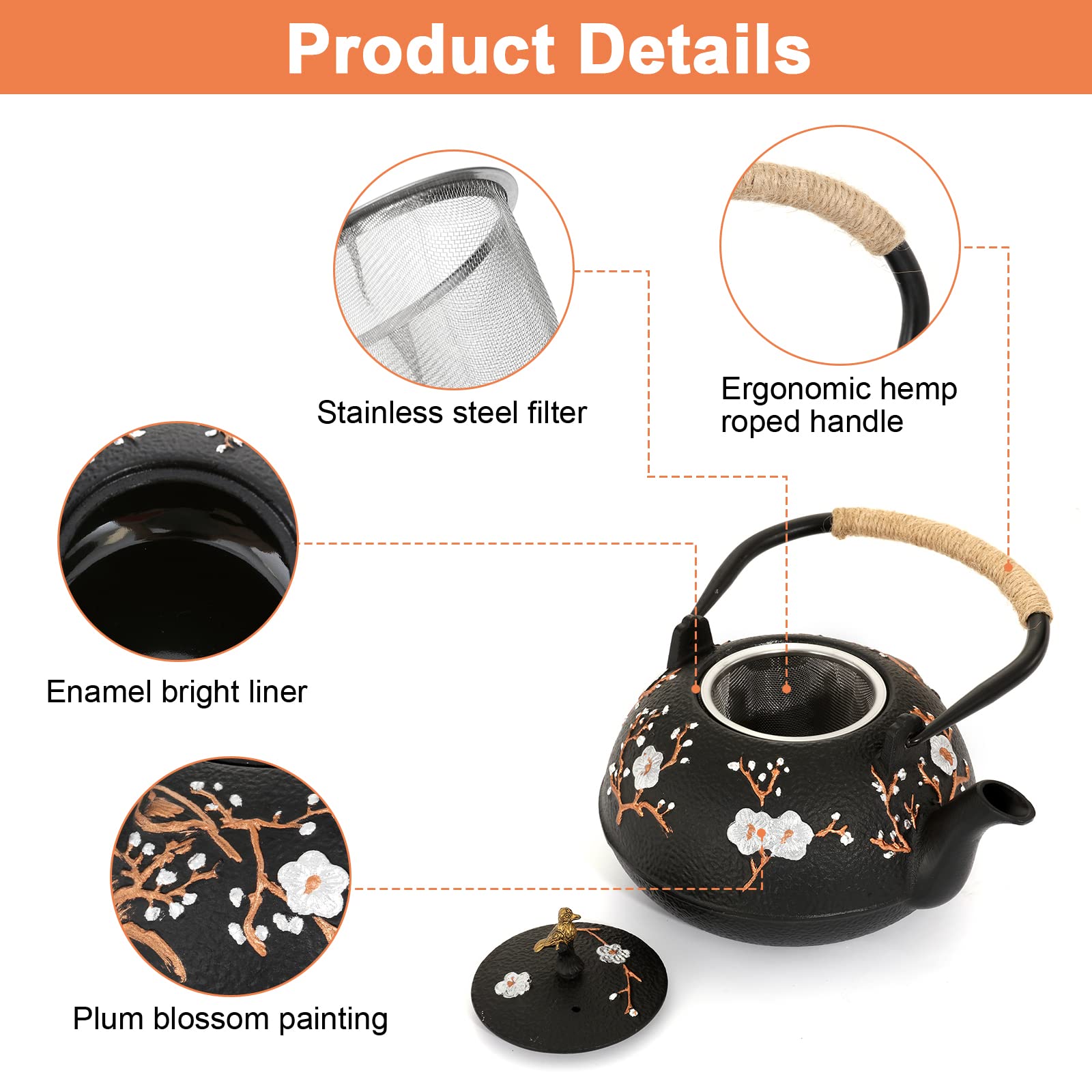 Dyna-Living Gusseisen-Teekanne, 1200 ml japanischer Tetsubin-Teekessel mit Teesieb, glänzende Emaille innen, Teekannenhalter, Heimgesundheit Eisentopf für Herd