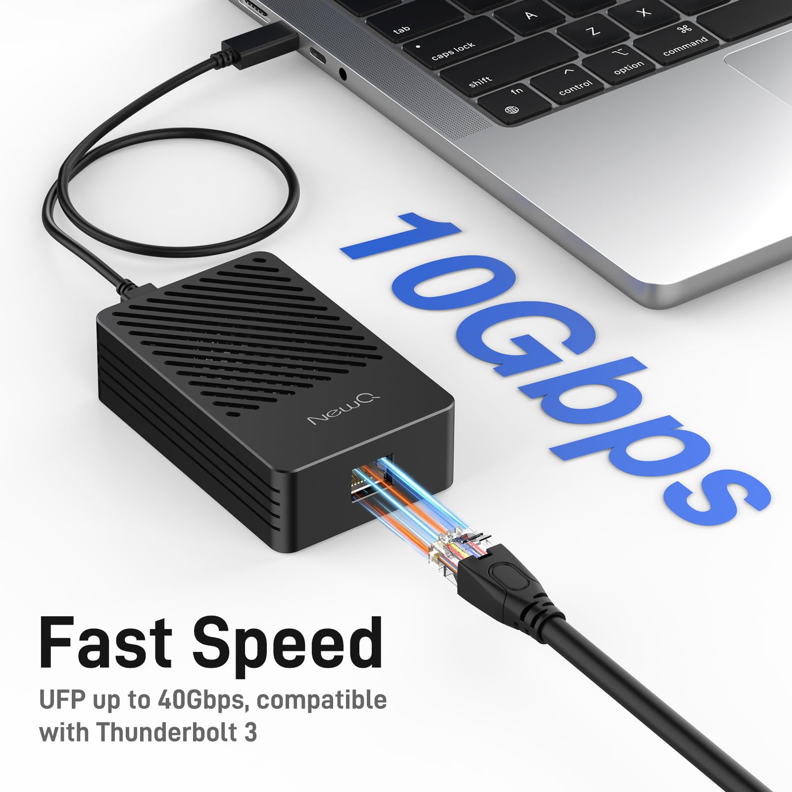 NEWQ Upgraded 10GbE Ethernet Adapter, Thunderbolt 3/4/5, Built-in 113°F Self-Starting Temperature Controlled Fan, Includes Cable, High-Speed RJ45 Network Connections for Mac and Windows