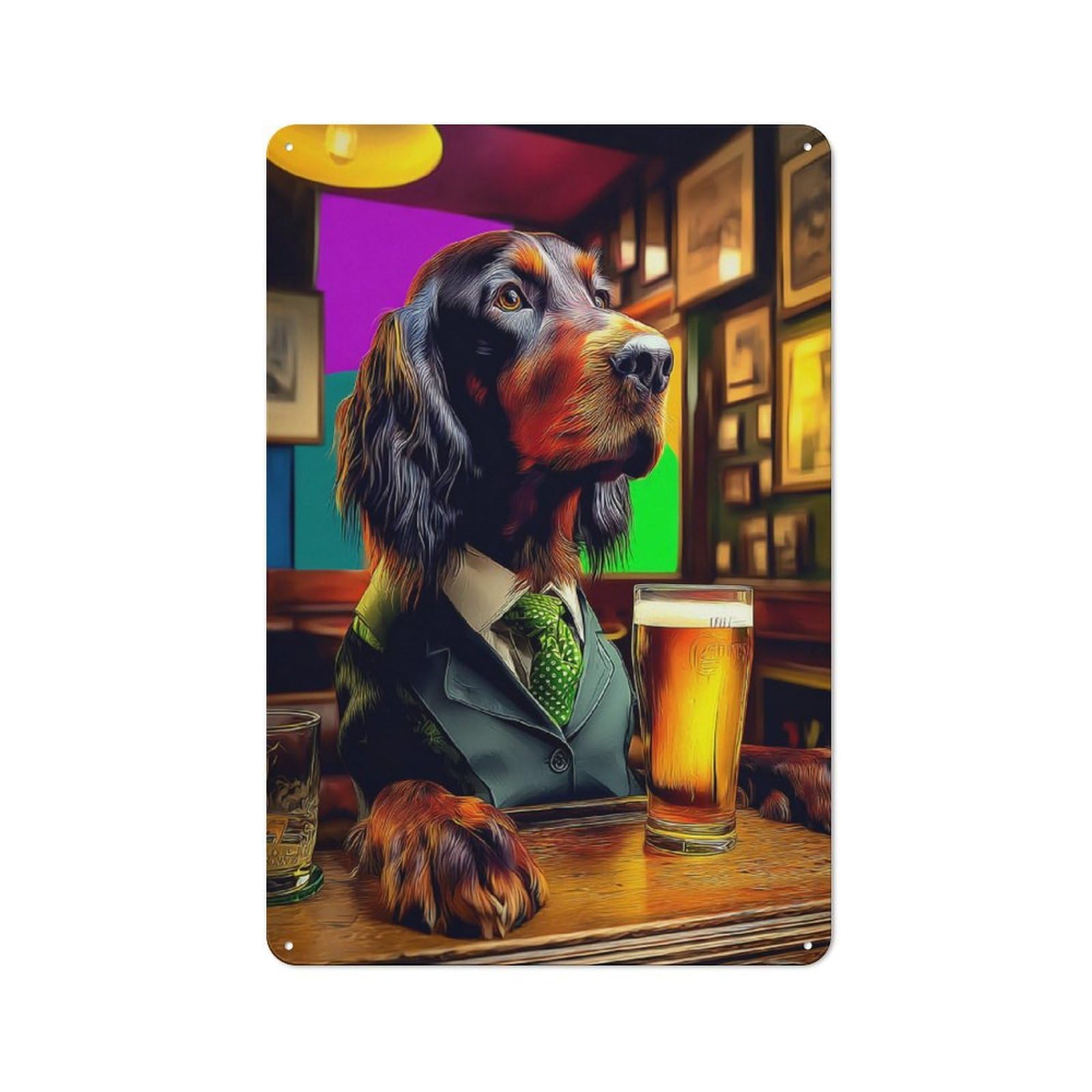Junmoney Dog In Suit Enjoying Beer At Bar -1 Metal Wall Art Sign 30X20cm, Modern Retro Urban Room Decor For Modern Home, Workshop, Office Or Cafe