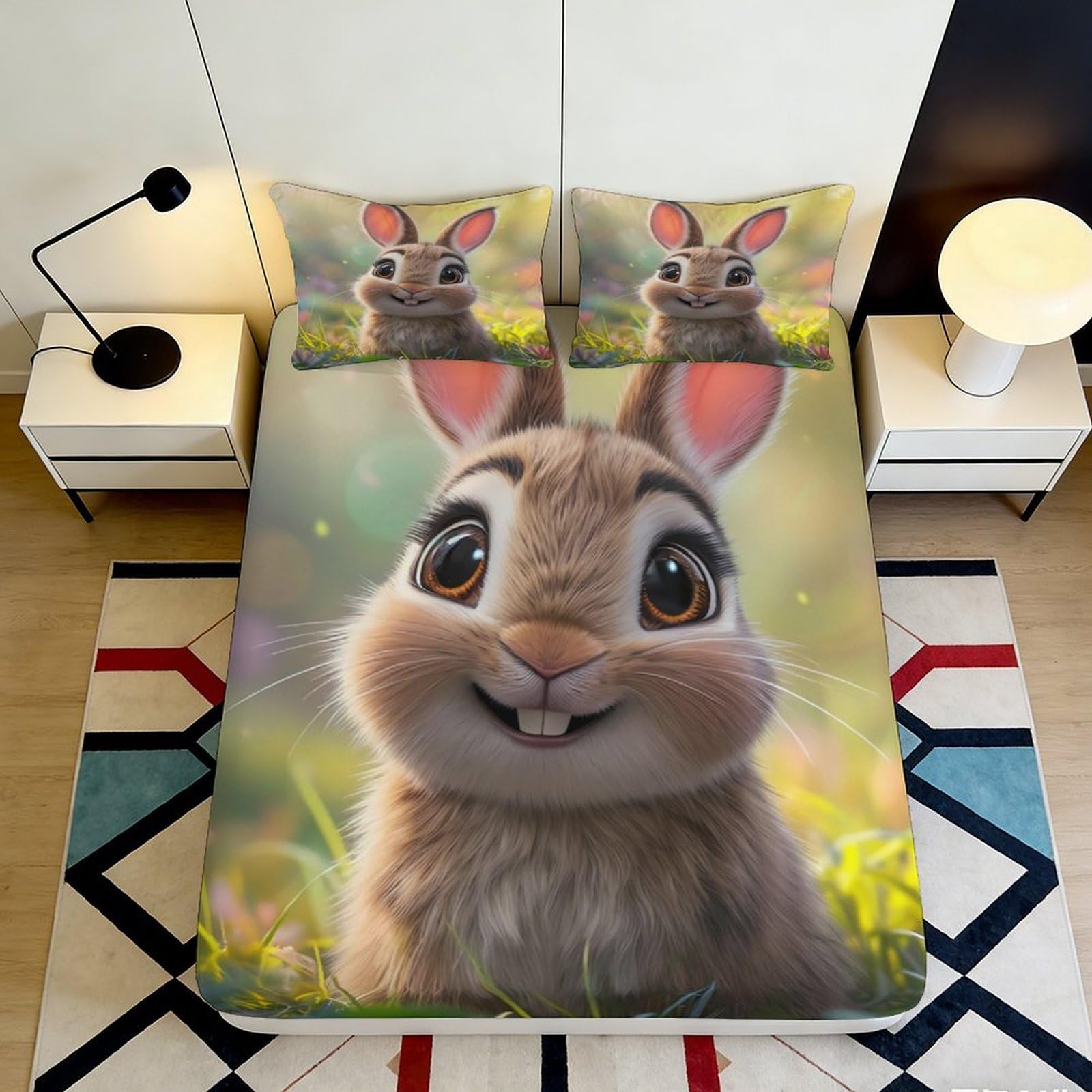 3D Printed Cute Bunny Fitted Sheet Microfiber Soft Non-slip Cartoon Rabbit Mattress Cover Bedroom Decor 90x200x25cm