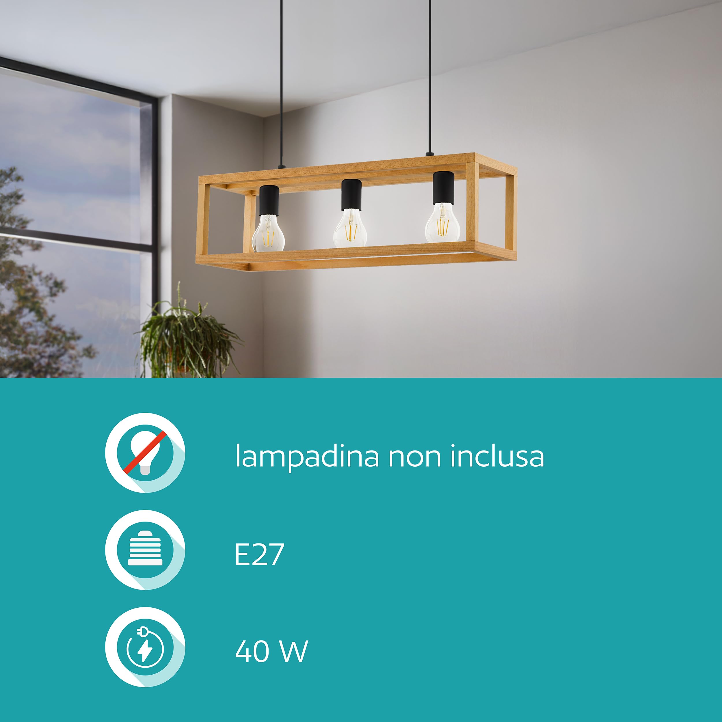 Eglo Blackcrown - Lampadario a sospensione 3 luci, stile | vintage, per tavolo da pranzo, lampada soffitto in design naturale, legno chiaro con attacco E27
