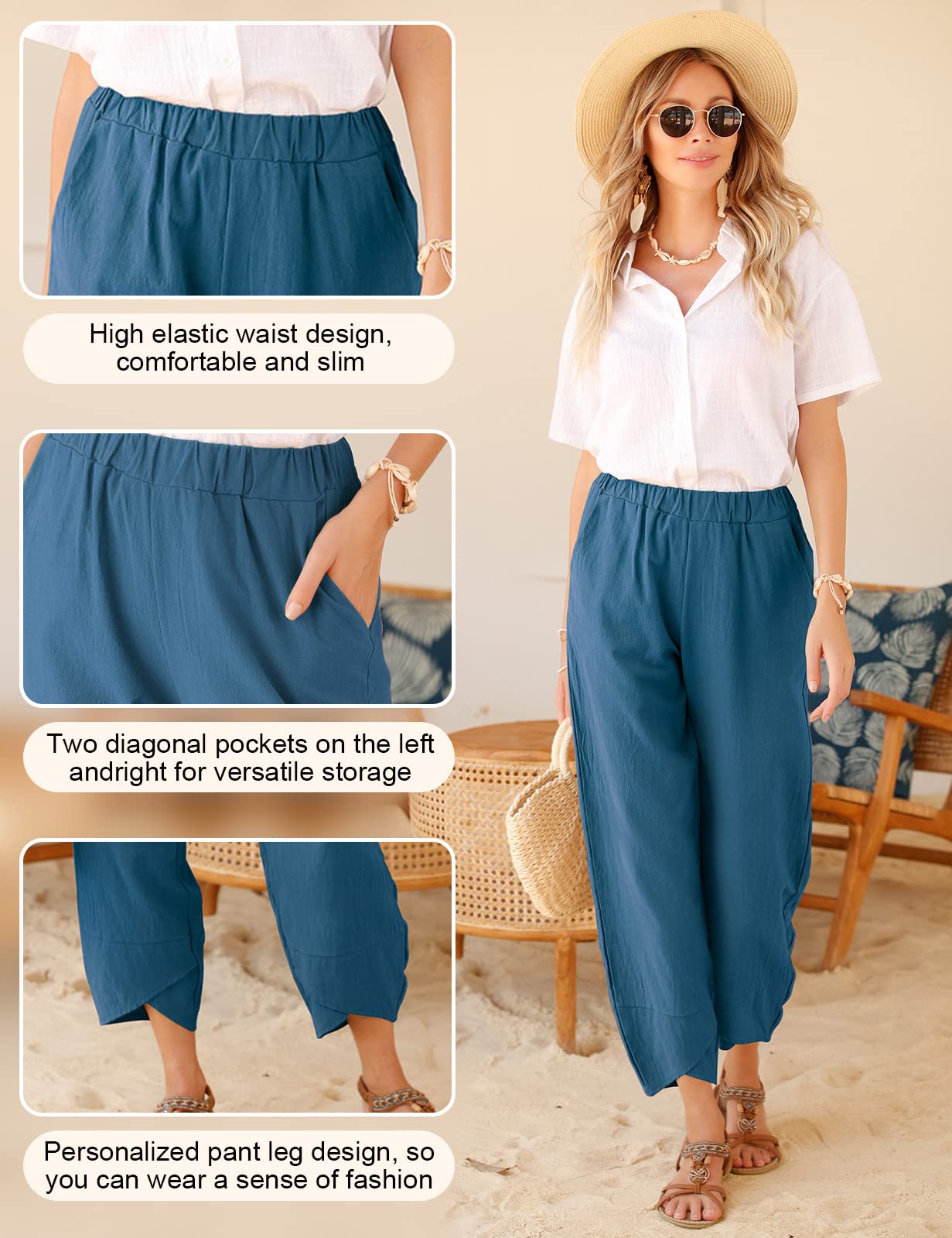 Yuson Girl Pantaloni Donna Pantaloni Estivi Donna Leggeri Pantaloni Larghi Lino Vita Alta Pantalone con Tasche Pantaloni di Svago Panno di Lino da con Fascia Elastica