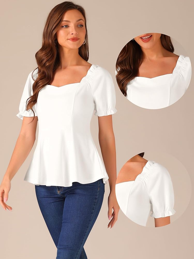 Allegra K Peplum Top for Women's Elegant Ruffles Puff Sleeve