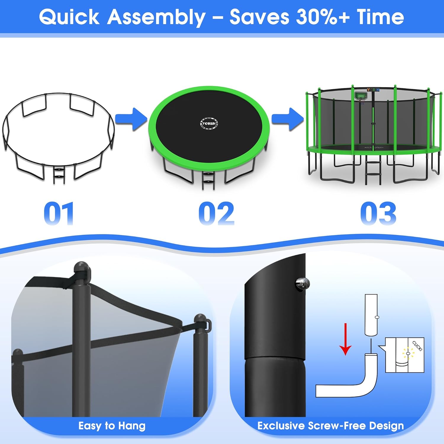 YORIN 1500LBS 8 10 12 14 15 16FT for Kids Adults, No-Gap Design w/Basketball Hoop, Widened Ladder, Waterproof Lights, Heavy Duty Recreational -ASTM Approved